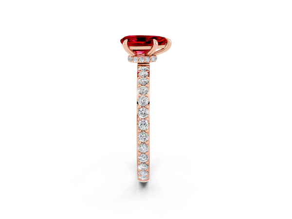 Rose gold Pear Cut Ruby Solitaire Engagement Ring with Pavé Band and Four-Prong Setting