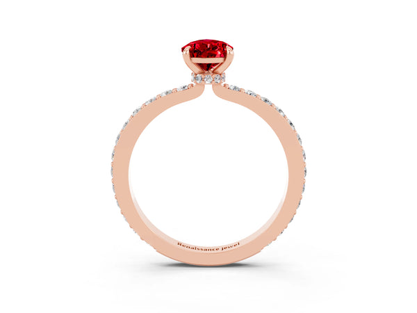 Rose gold Pear Cut Ruby Solitaire Engagement Ring with Pavé Band and Four-Prong Setting