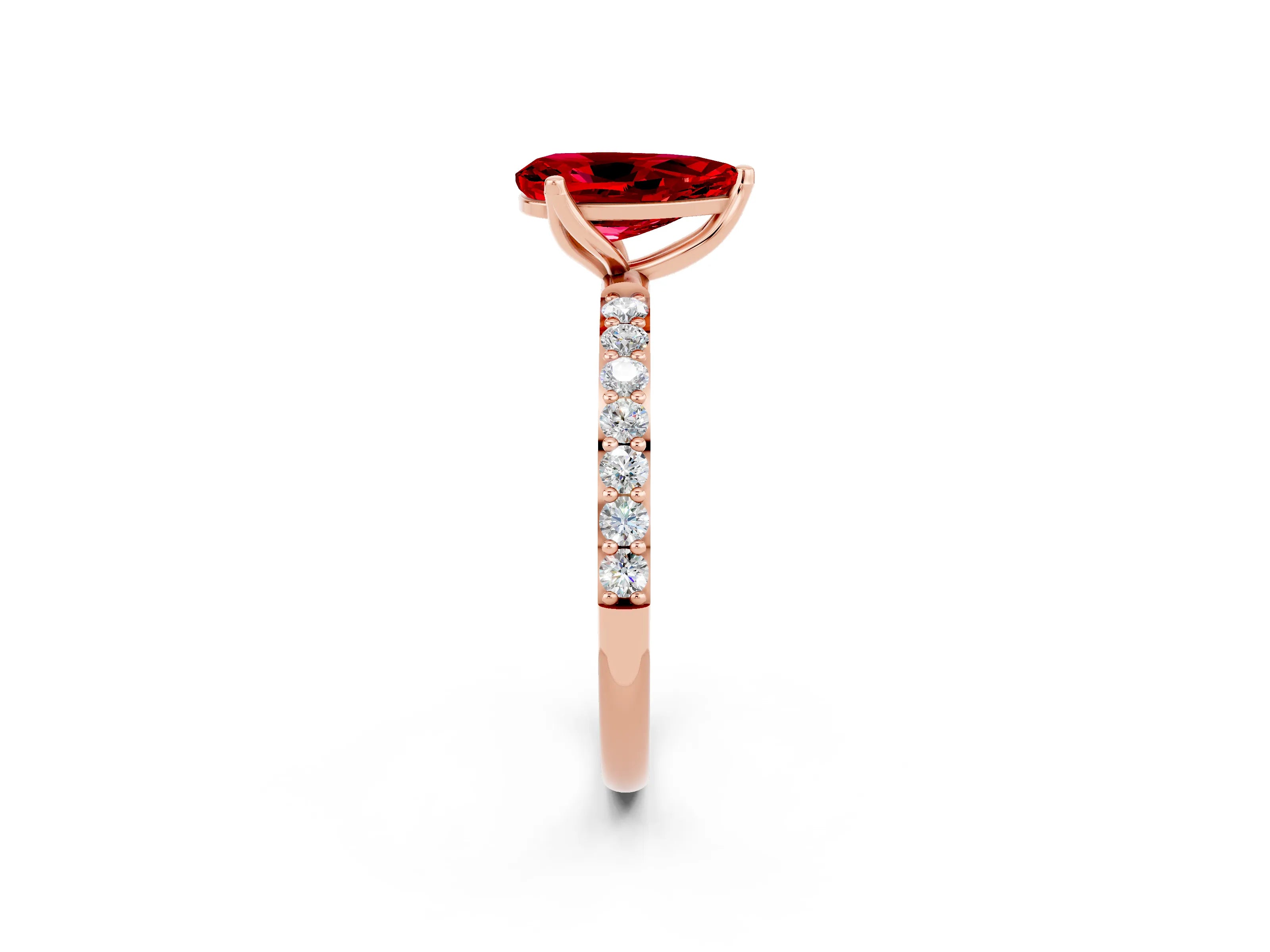 Rose gold Pear Cut Ruby Solitaire Engagement Ring with Pavé Band and Prong Setting_2