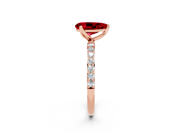 Rose gold Pear Cut Ruby Solitaire Engagement Ring with Round  Pavé Band and Prong Setting