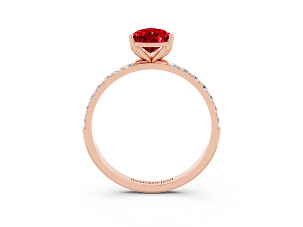 Rose gold Pear Cut Ruby Solitaire Engagement Ring with Round  Pavé Band and Prong Setting