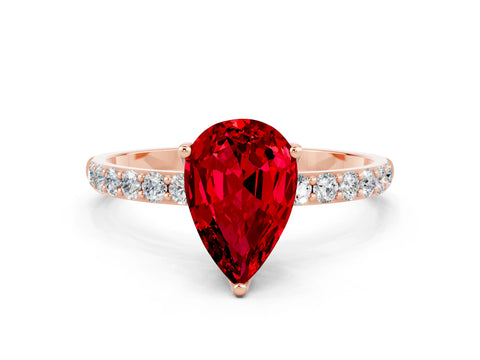 Rose gold Pear Cut Ruby Solitaire Engagement Ring with Pavé Band and Prong Setting