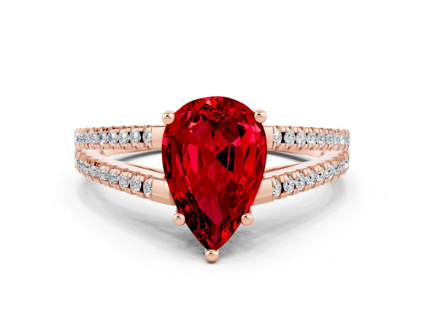 Rose gold Pear Cut Ruby Solitaire Engagement Ring with Split Shank Pavé Band