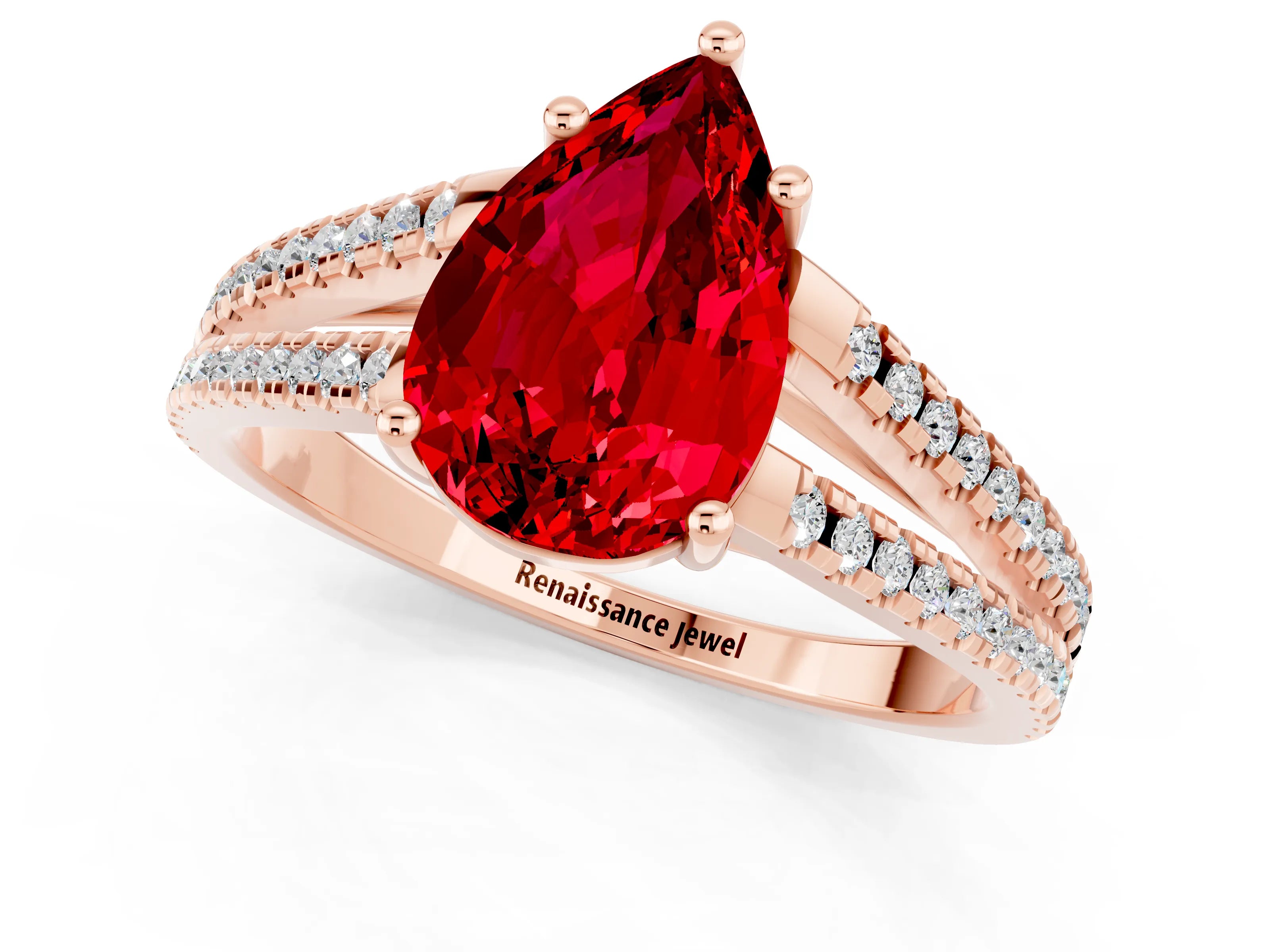 Rose gold Pear Cut Ruby Solitaire Engagement Ring with Split Shank Pavé Band_1