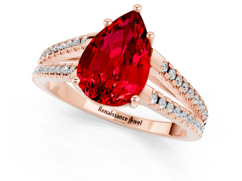 Rose gold Pear Cut Ruby Solitaire Engagement Ring with Split Shank Pavé Band_1