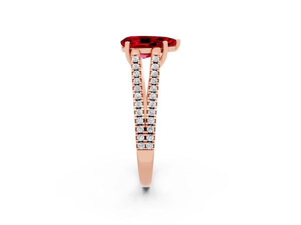 Rose gold Pear Cut Ruby Solitaire Engagement Ring with Split Shank Pavé Band
