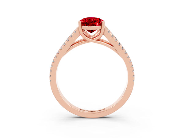 Rose gold Pear Cut Ruby Solitaire Engagement Ring with Split Shank Pavé Band