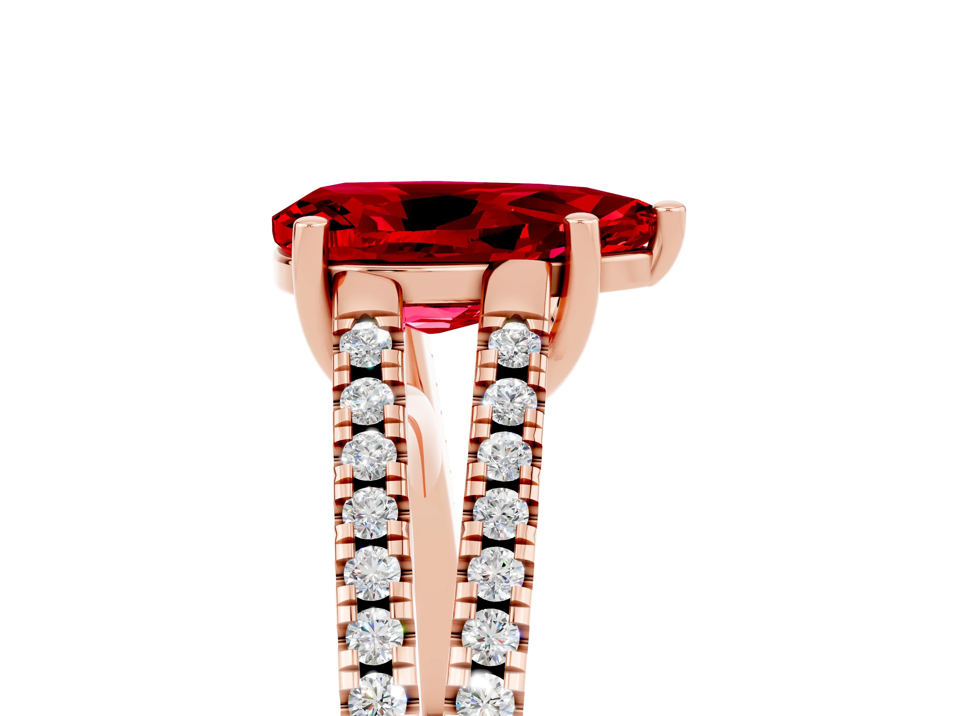 Rose gold Pear Cut Ruby Solitaire Engagement Ring with Split Shank Pavé Band_5