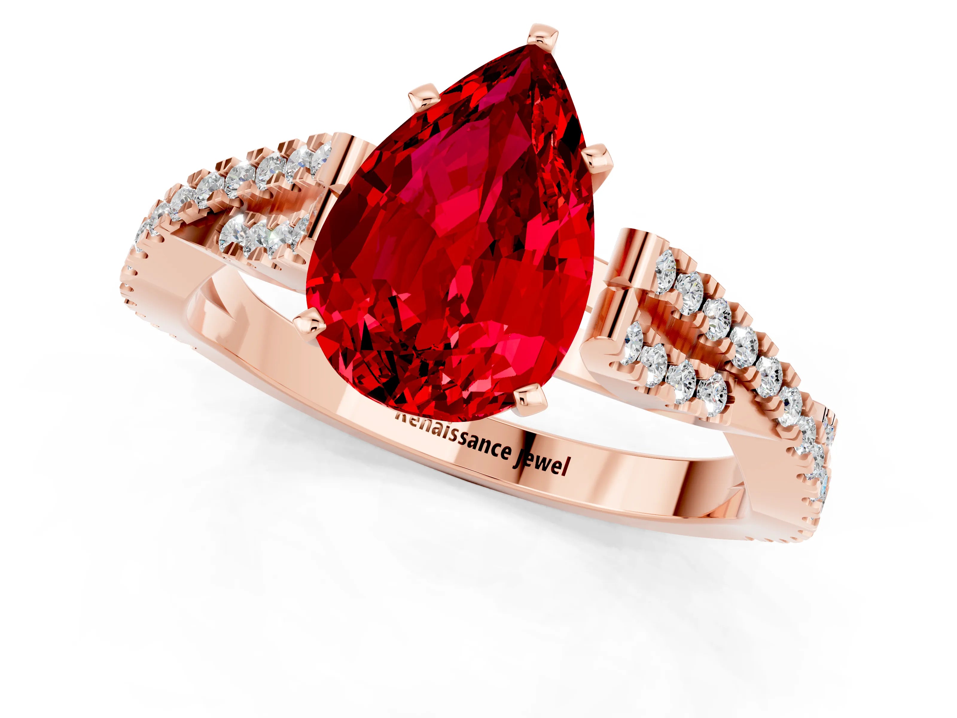 Rose gold Pear Cut Ruby Solitaire Engagement Ring with Twisted Pavé Band and Four-Prong Setting_1