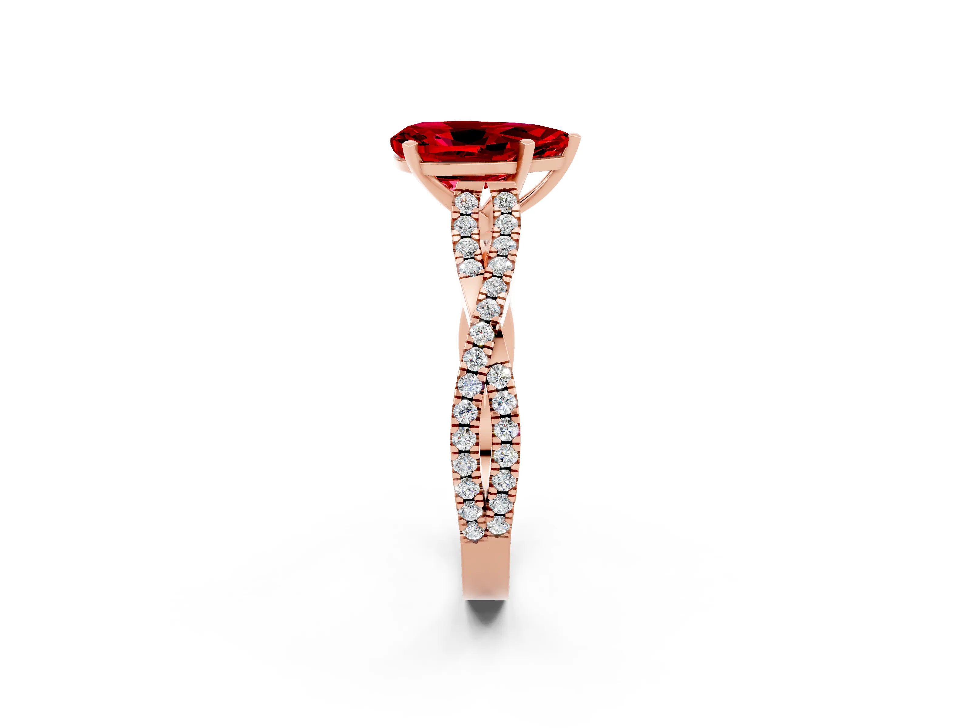 Rose gold Pear Cut Ruby Solitaire Engagement Ring with Twisted Pavé Band and Four-Prong Setting_2