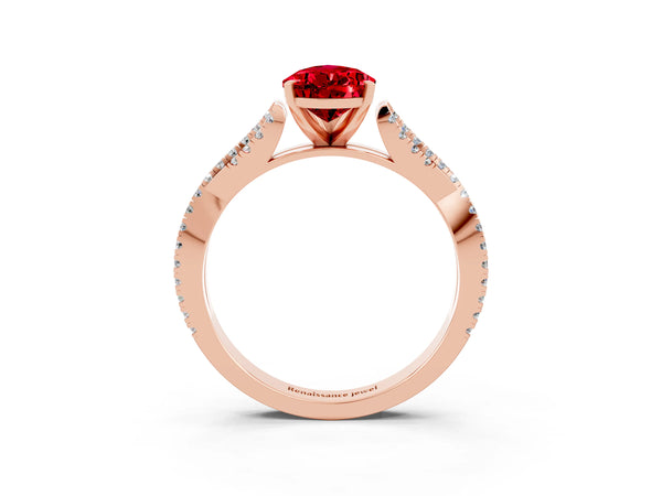 Rose gold Pear Cut Ruby Solitaire Engagement Ring with Twisted Pavé Band and Four-Prong Setting