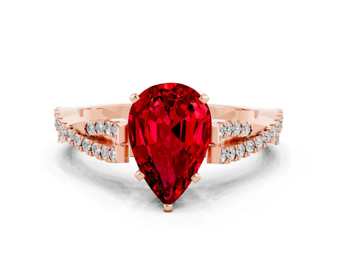 Rose gold Pear Cut Ruby Solitaire Engagement Ring with Twisted Pavé Band and Four-Prong Setting