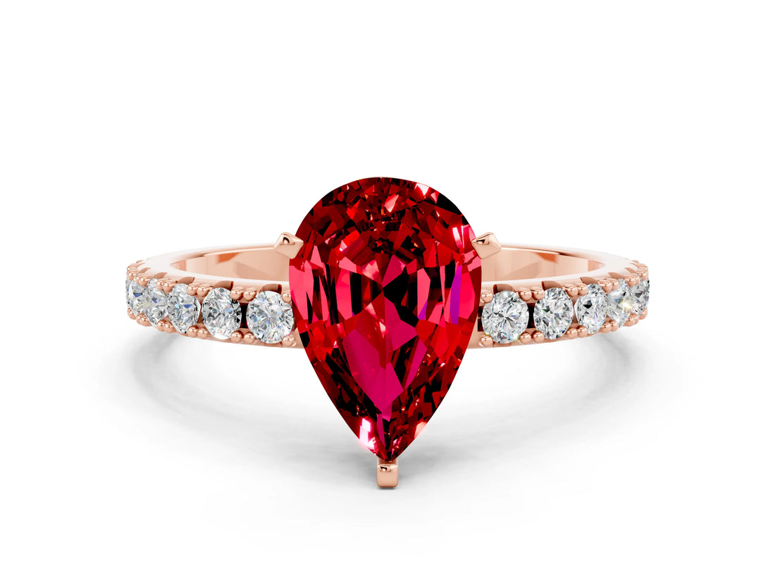 Rose gold Pear Cut Ruby Solitaire Pavé Band with Four-Prong Setting