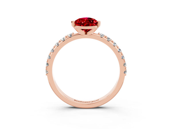 Rose gold Pear Cut Ruby Solitaire Pavé Band with Four-Prong Setting