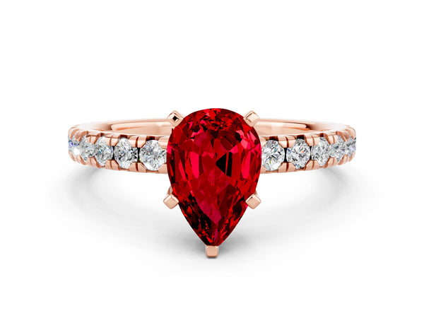 Rose gold Pear Cut Ruby Solitaire Pavé Engagement Ring with Round Band and Prong Setting