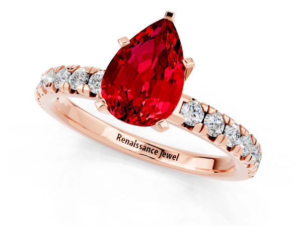 Rose gold Pear Cut Ruby Solitaire Pavé Engagement Ring with Round Band and Prong Setting