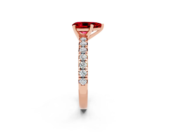 Rose gold Pear Cut Ruby Solitaire Pavé Engagement Ring with Round Band and Prong Setting