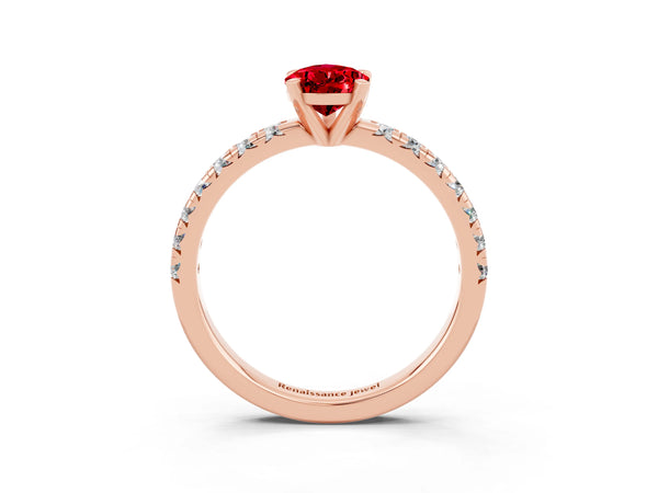 Rose gold Pear Cut Ruby Solitaire Pavé Engagement Ring with Round Band and Prong Setting