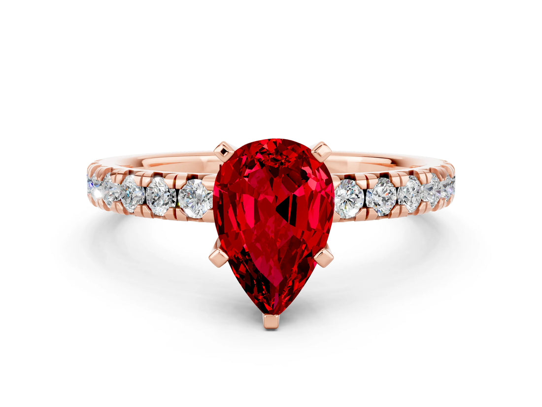 Rose gold Pear Cut Ruby Solitaire Pavé Engagement Ring with Round Band and Prong Setting_73