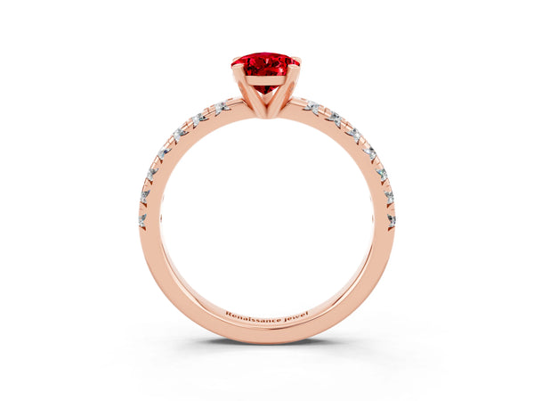 Rose Gold Pear-Shaped Lab-Grown Ruby Solitaire Engagement Ring with Large Round Accent Band