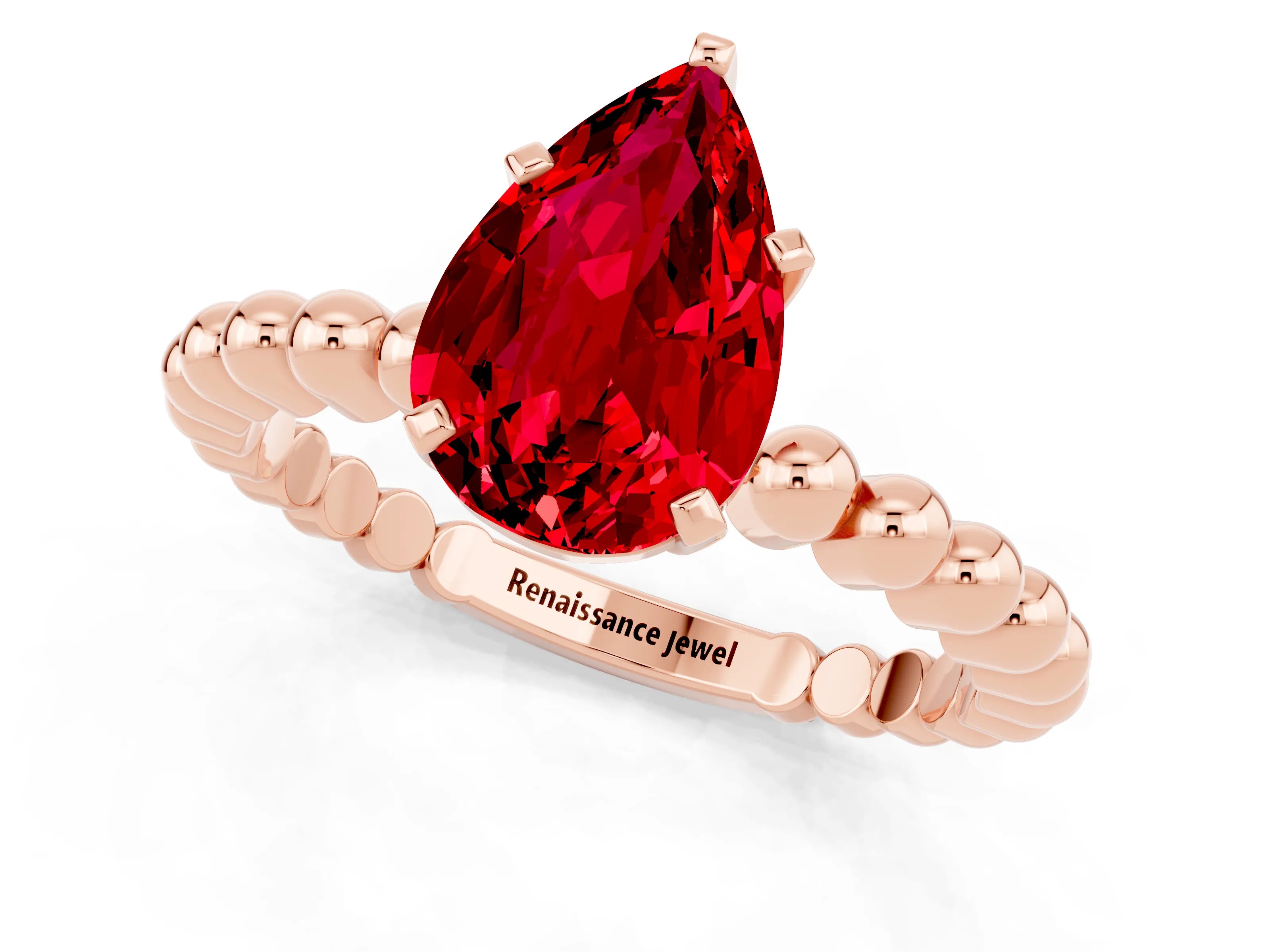 Rose gold Pear Cut Ruby Solitaire Ring with Beaded Band and Prong Setting_1