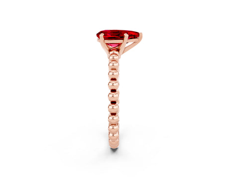 Rose gold Pear Cut Ruby Solitaire Ring with Beaded Band and Prong Setting_2