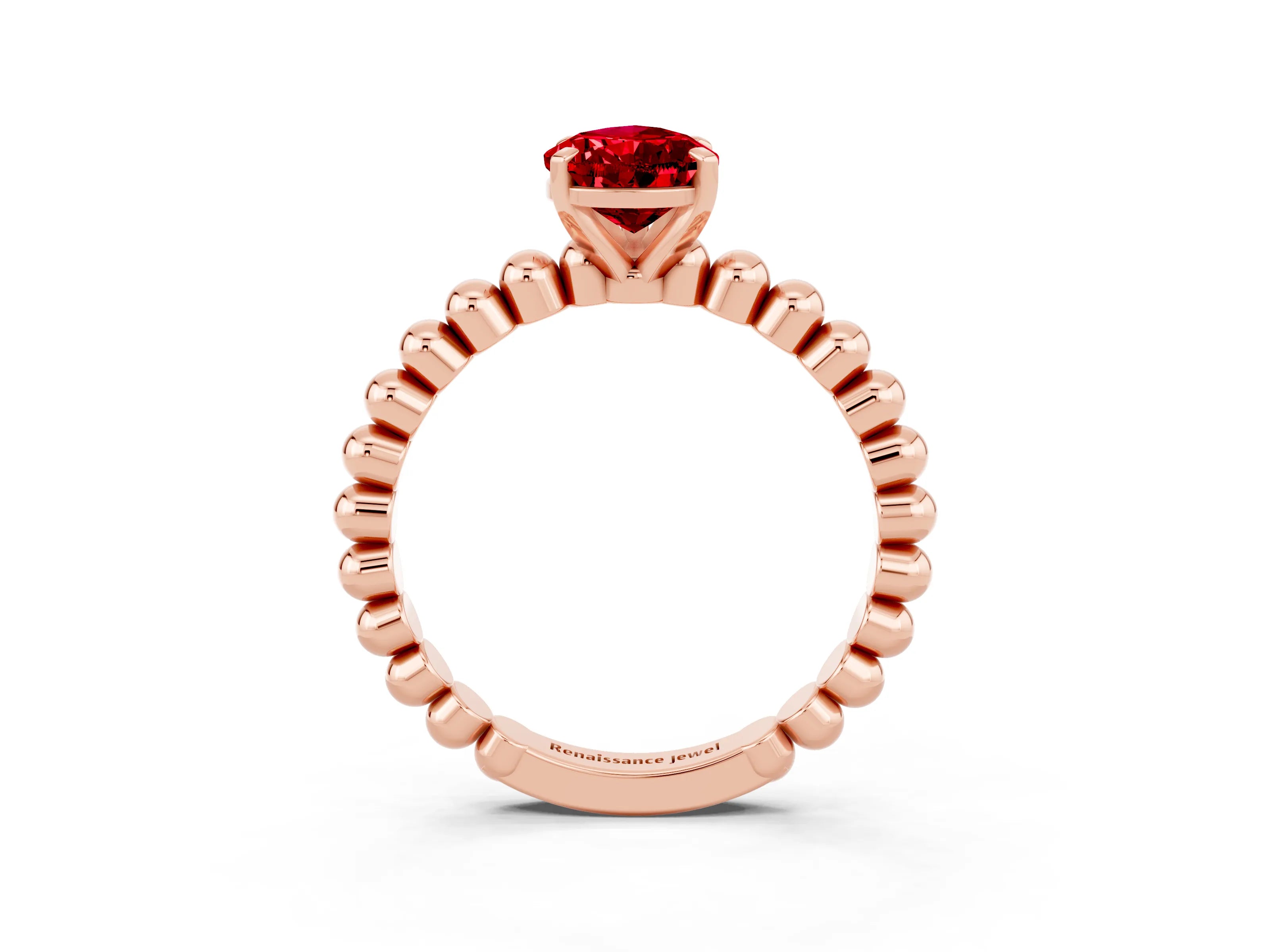 Rose gold Pear Cut Ruby Solitaire Ring with Beaded Band and Prong Setting_3