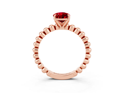 Rose gold Pear Cut Ruby Solitaire Ring with Beaded Band and Prong Setting_3