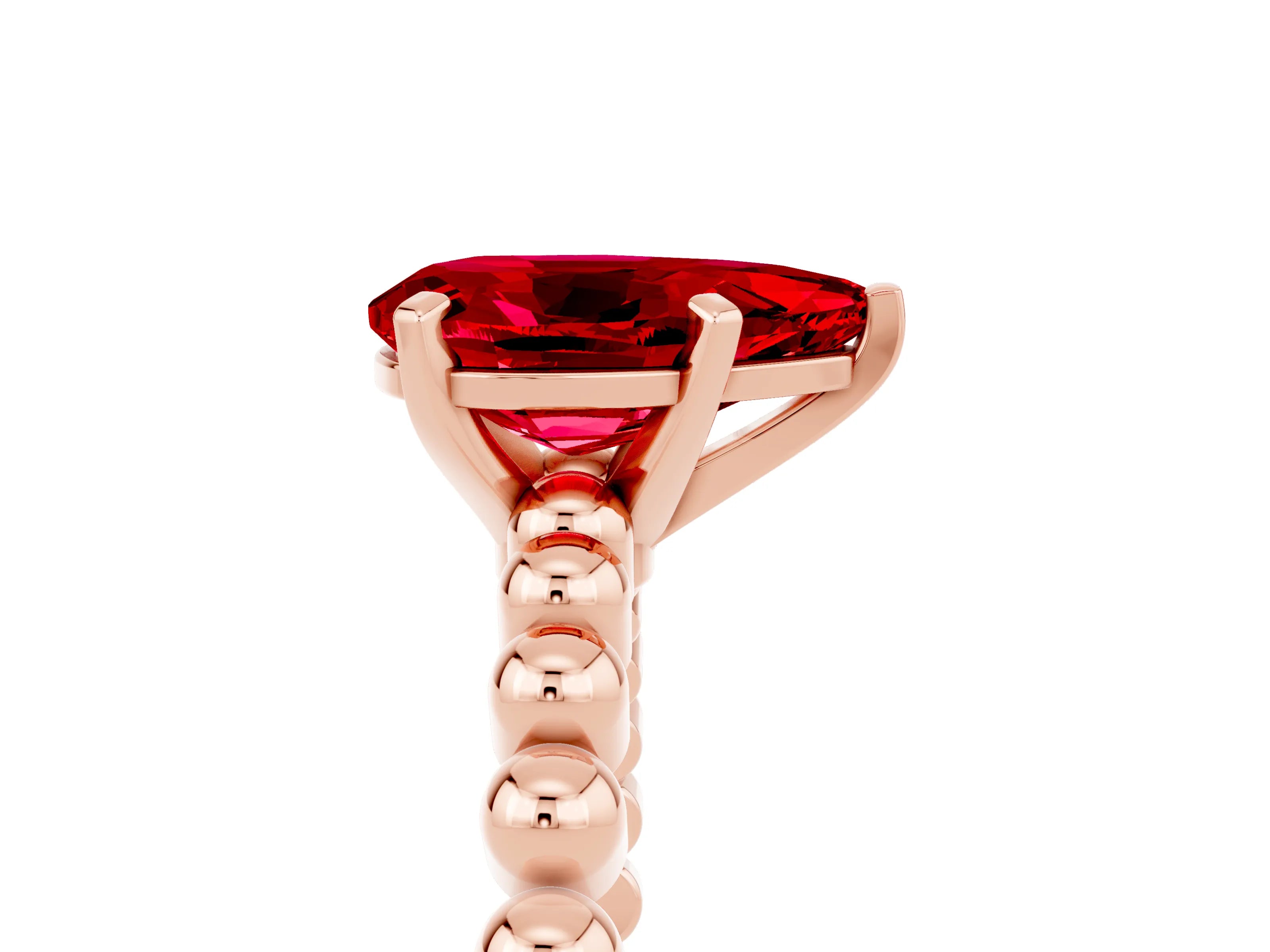 Rose gold Pear Cut Ruby Solitaire Ring with Beaded Band and Prong Setting_5
