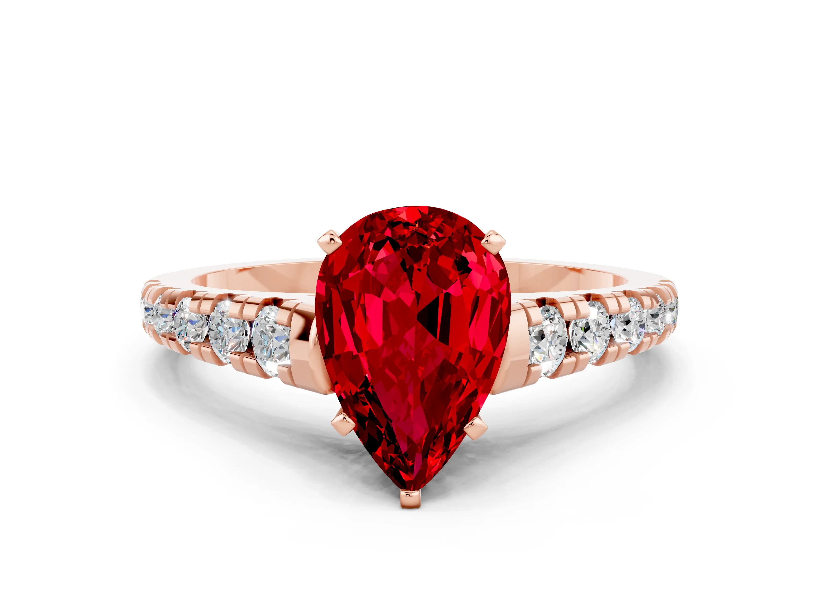 Rose gold Pear Cut Ruby Solitaire Ring with Cathedral Setting and Pavé Band