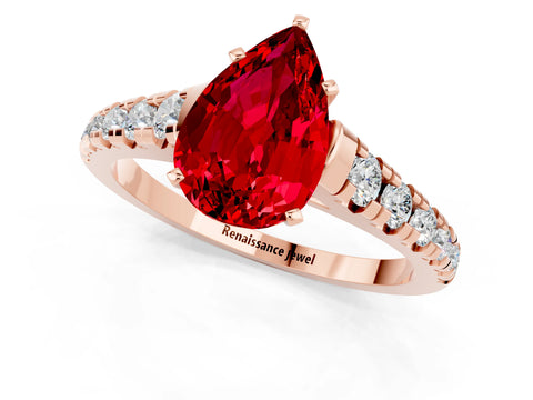 Rose gold Pear Cut Ruby Solitaire Ring with Cathedral Setting and Pavé Band_1