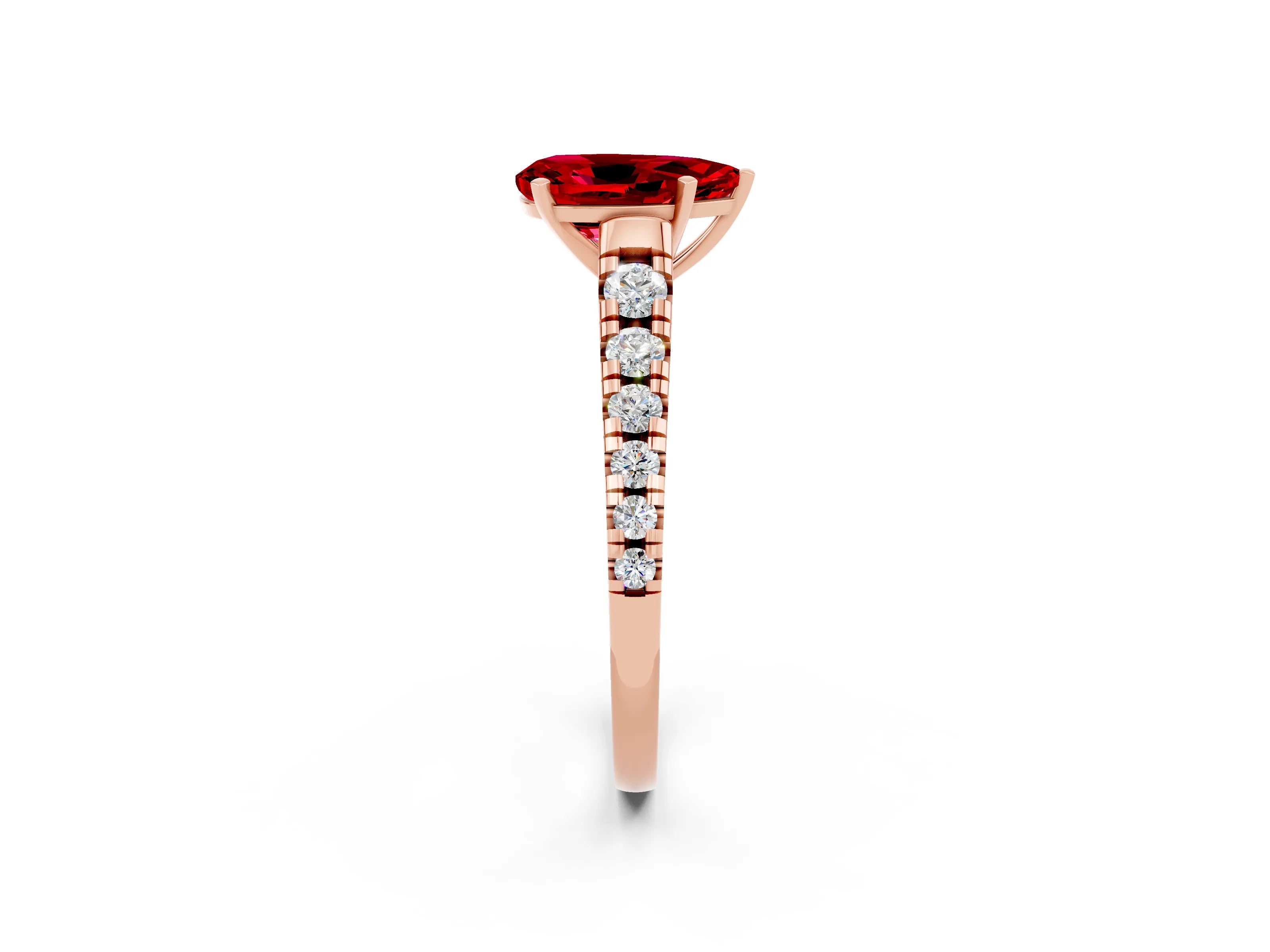 Rose gold Pear Cut Ruby Solitaire Ring with Cathedral Setting and Pavé Band_2