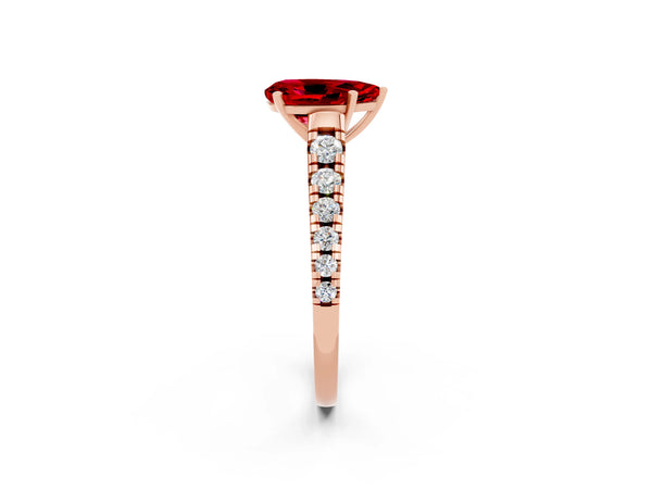Rose gold Pear Cut Ruby Cathedral Solitaire Ring with Round  Pavé Band