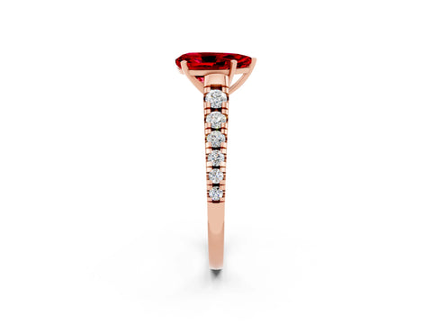 Rose gold Pear Cut Ruby Solitaire Ring with Cathedral Setting and Pavé Band_2