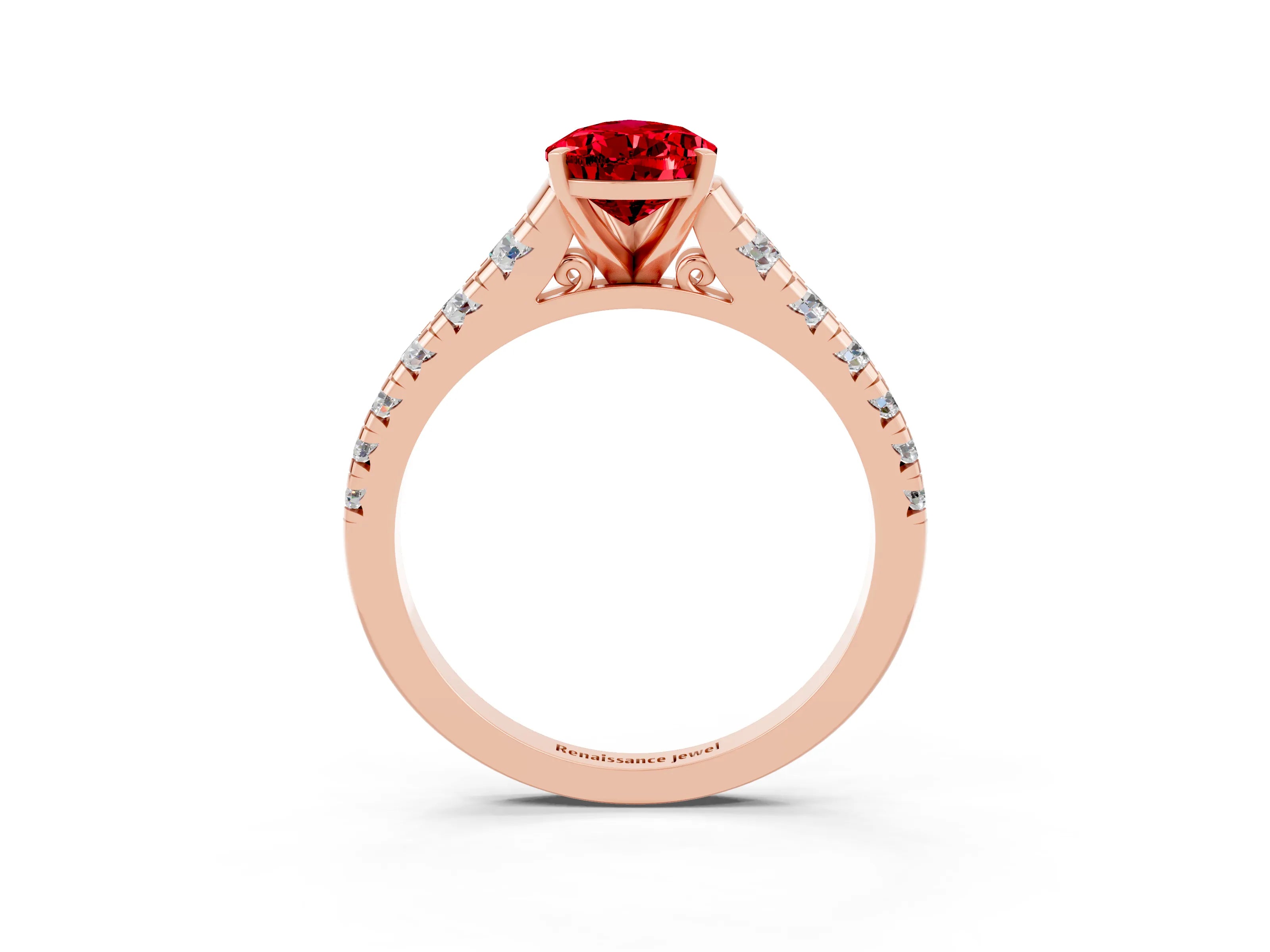 Rose gold Pear Cut Ruby Solitaire Ring with Cathedral Setting and Pavé Band_3