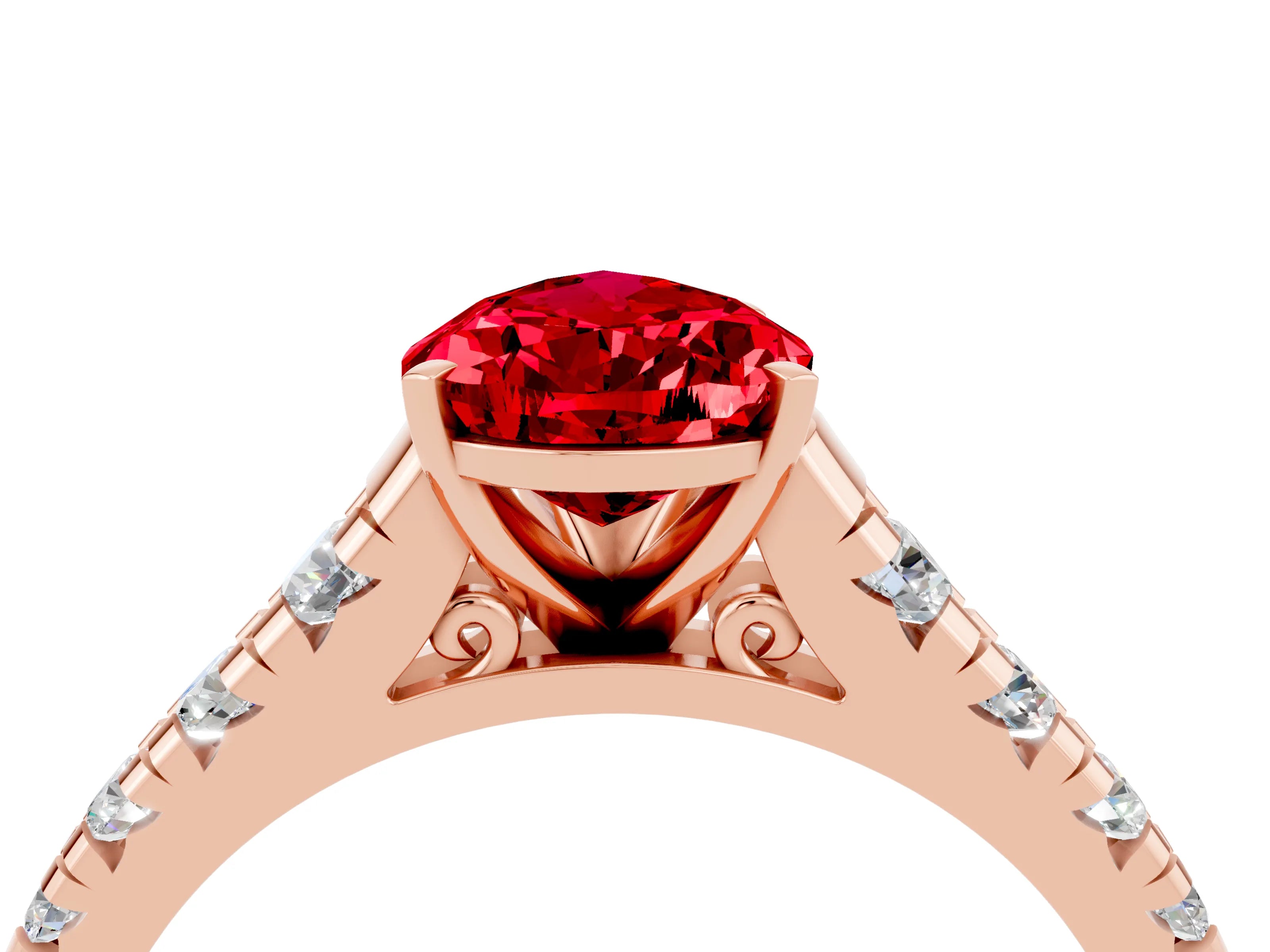 Rose gold Pear Cut Ruby Solitaire Ring with Cathedral Setting and Pavé Band_4
