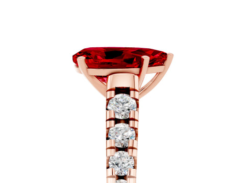 Rose gold Pear Cut Ruby Solitaire Ring with Cathedral Setting and Pavé Band_5