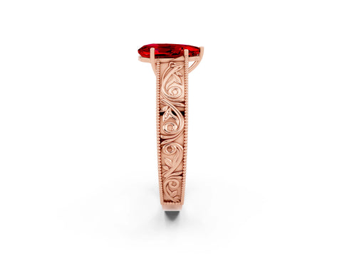 Rose gold Pear Cut Ruby Solitaire Ring with Engraved Band and Four-Prong Setting_2
