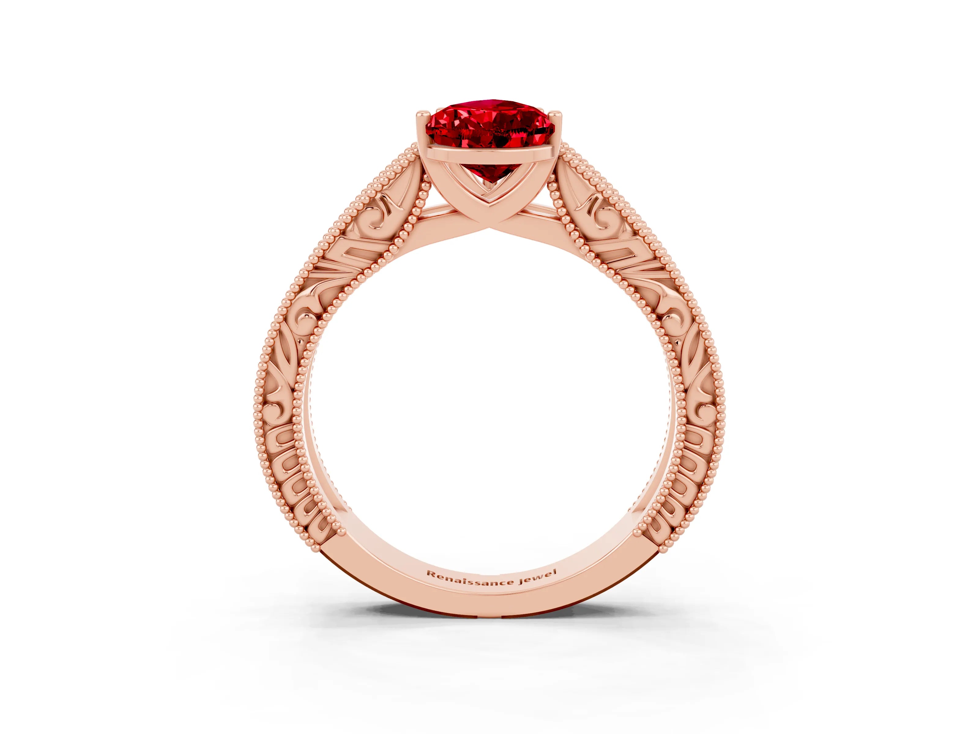 Rose gold Pear Cut Ruby Solitaire Ring with Engraved Band and Four-Prong Setting_3