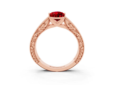 Rose gold Pear Cut Ruby Solitaire Ring with Engraved Band and Four-Prong Setting_3