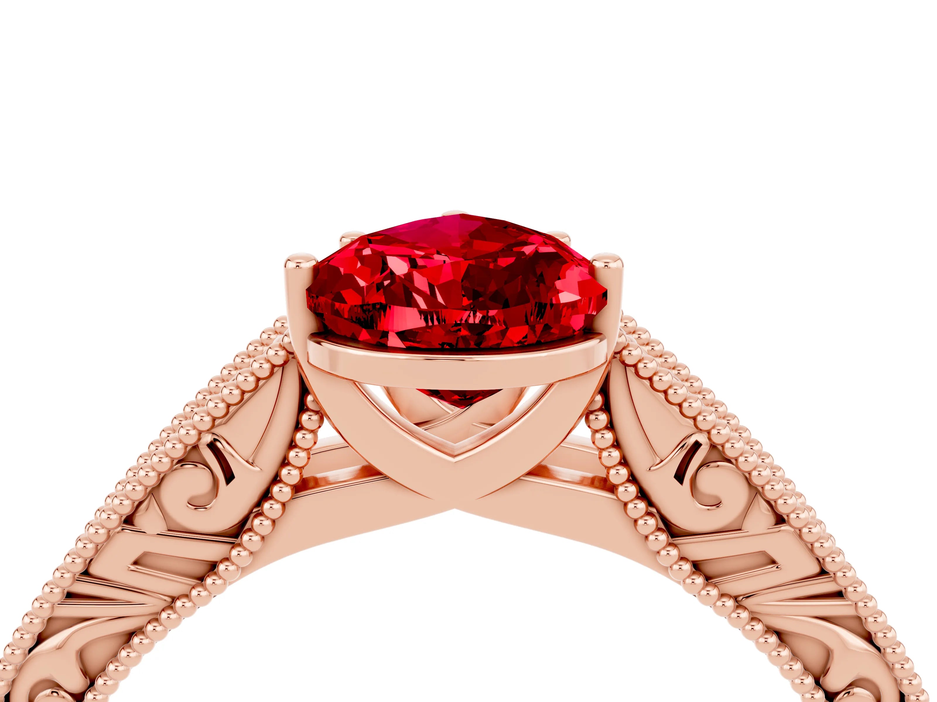 Rose gold Pear Cut Ruby Solitaire Ring with Engraved Band and Four-Prong Setting_4
