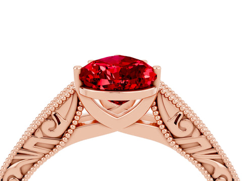 Rose gold Pear Cut Ruby Solitaire Ring with Engraved Band and Four-Prong Setting_4