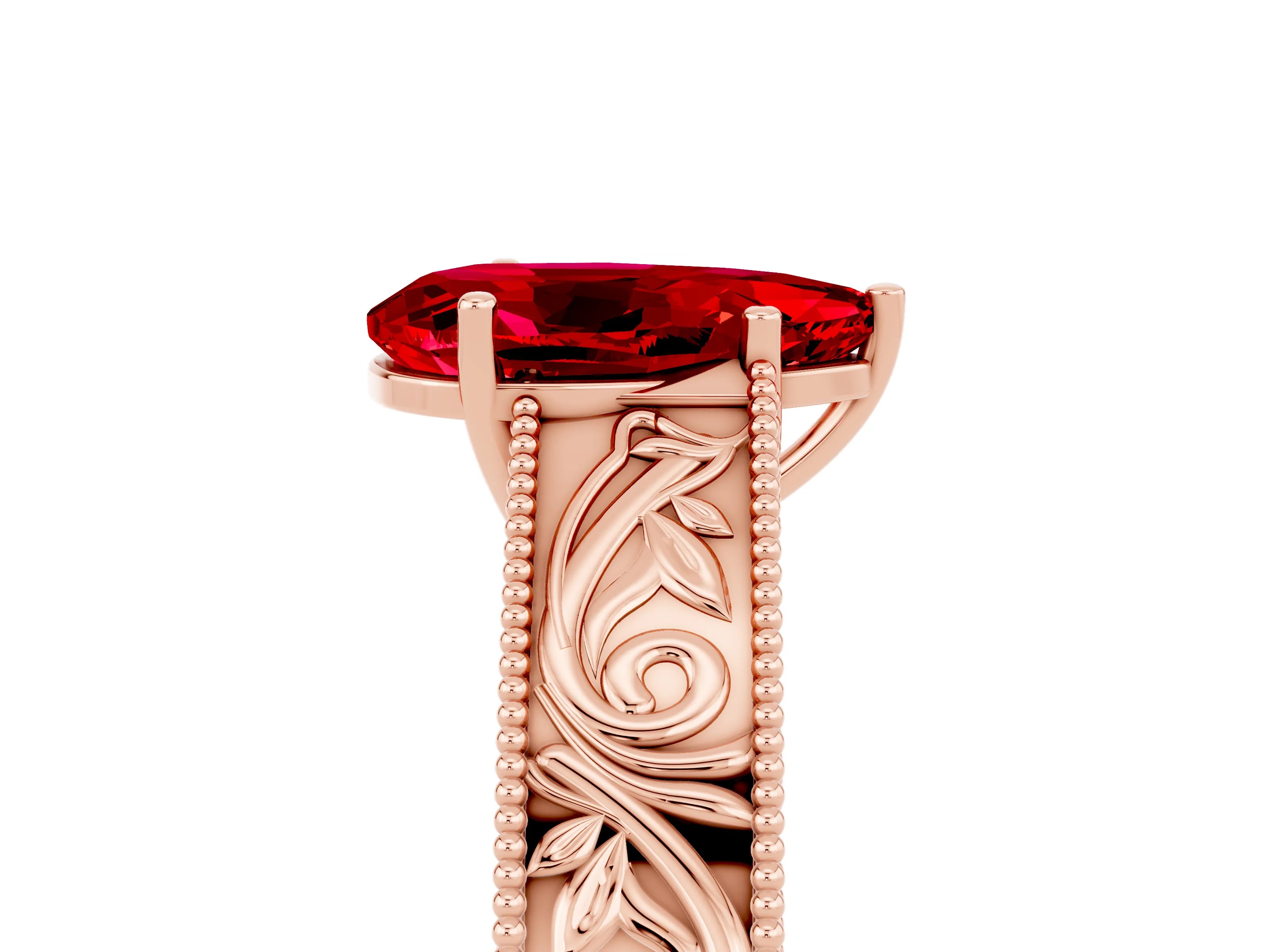 Rose gold Pear Cut Ruby Solitaire Ring with Engraved Band and Four-Prong Setting_5