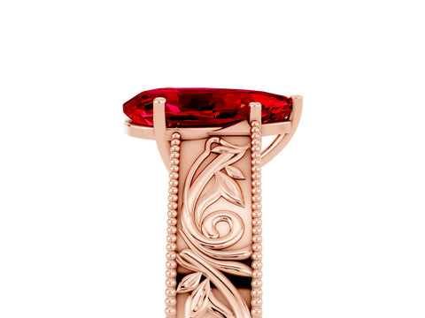 Rose gold Pear Cut Ruby Solitaire Ring with Engraved Band and Four-Prong Setting_5
