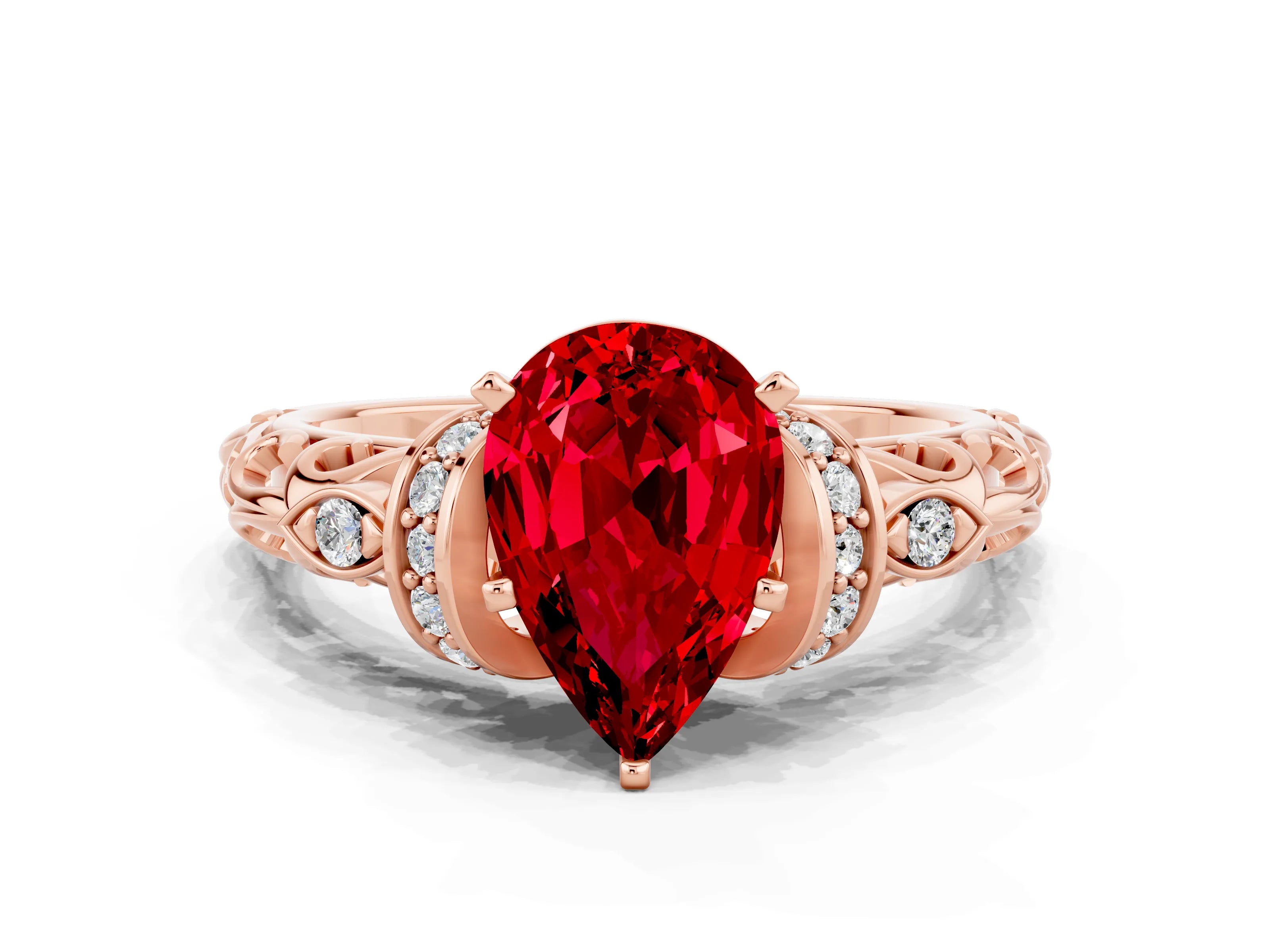 Rose gold Pear Cut Ruby Solitaire Ring with Filigree Band and Four-Prong Setting_24