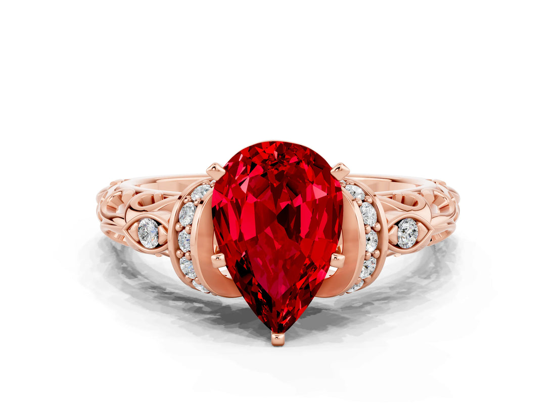 Rose gold Pear Cut Ruby Solitaire Ring with Filigree Band and Four-Prong Setting_24