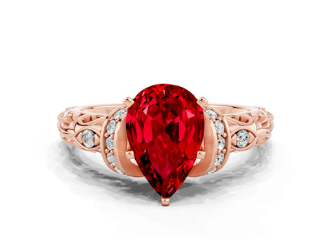Rose gold Pear Cut Ruby Solitaire Ring with Filigree Band and Four-Prong Setting_24