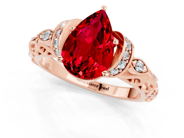 Rose gold Pear Cut Ruby Solitaire Ring with Filigree Band and Four-Prong Setting