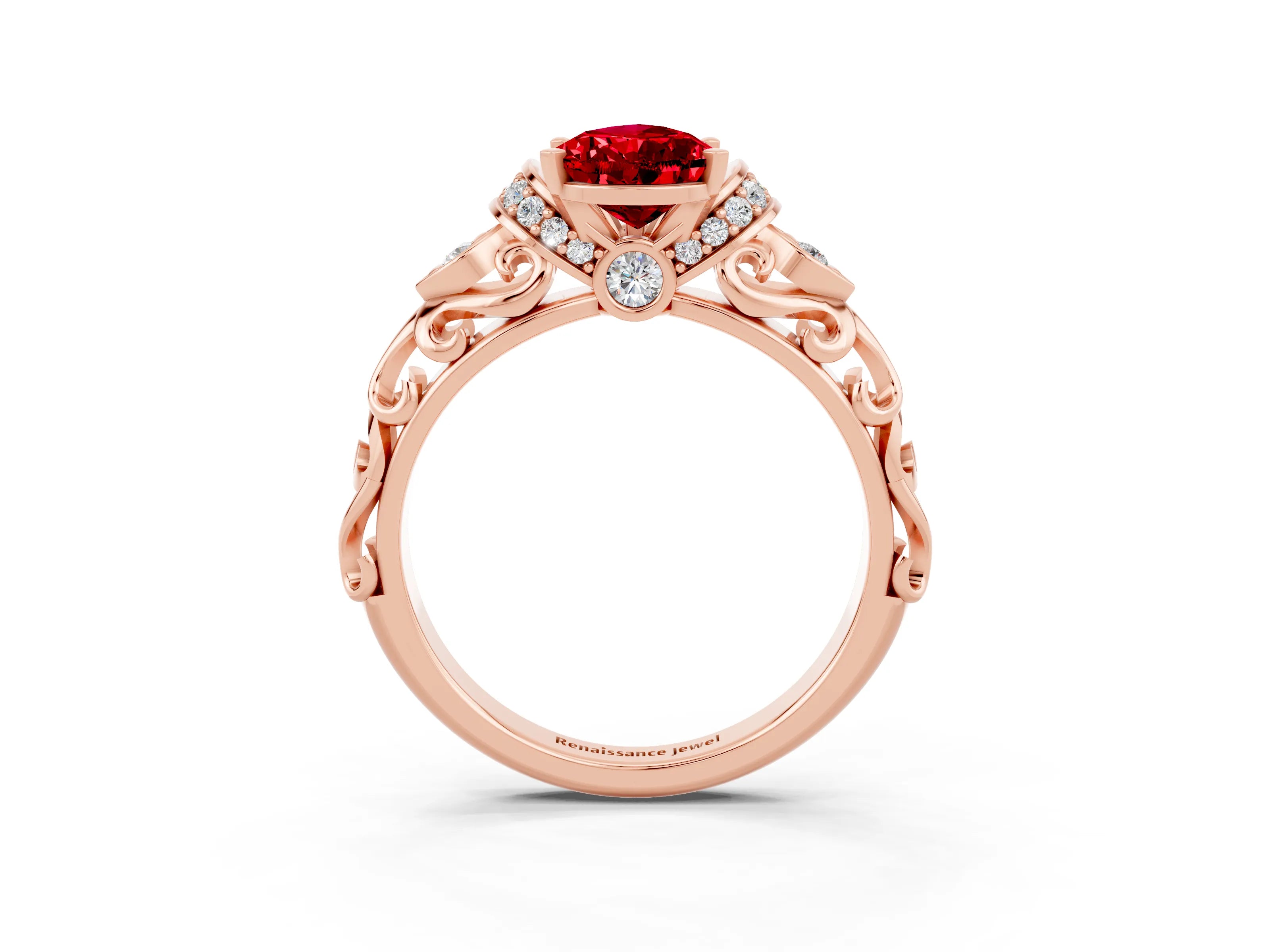 Rose gold Pear Cut Ruby Solitaire Ring with Filigree Band and Four-Prong Setting_27