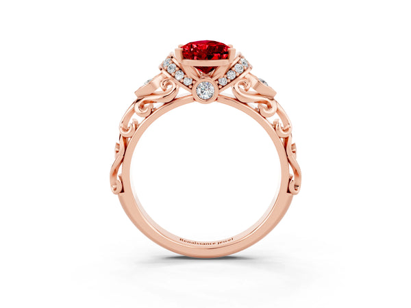 Rose gold Pear Cut Ruby Solitaire Ring with Filigree Band and Four-Prong Setting